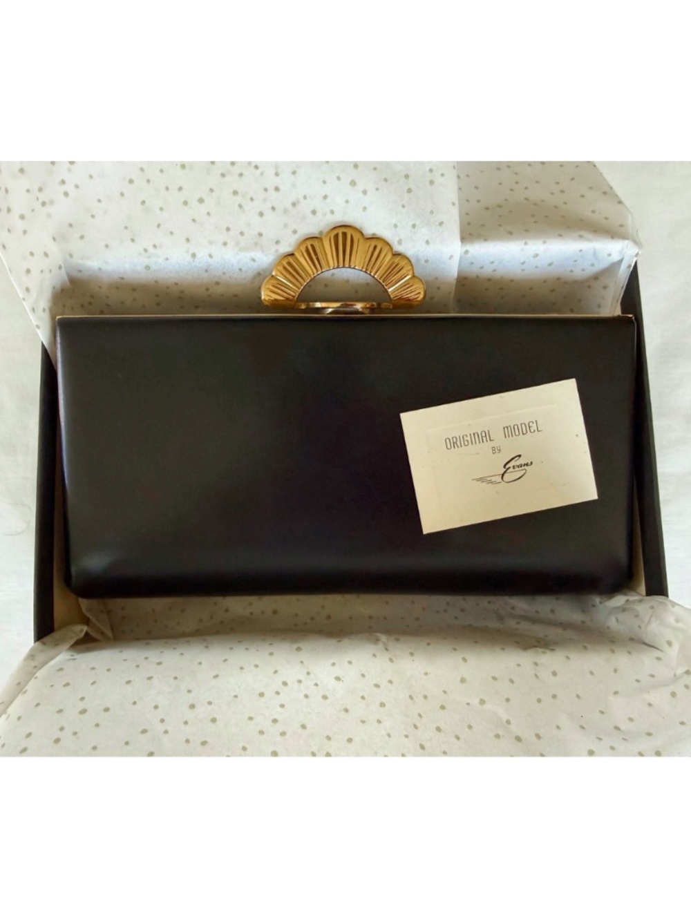 Vtg Evans Art Deco Leather Clutch with Box - Black / Gold